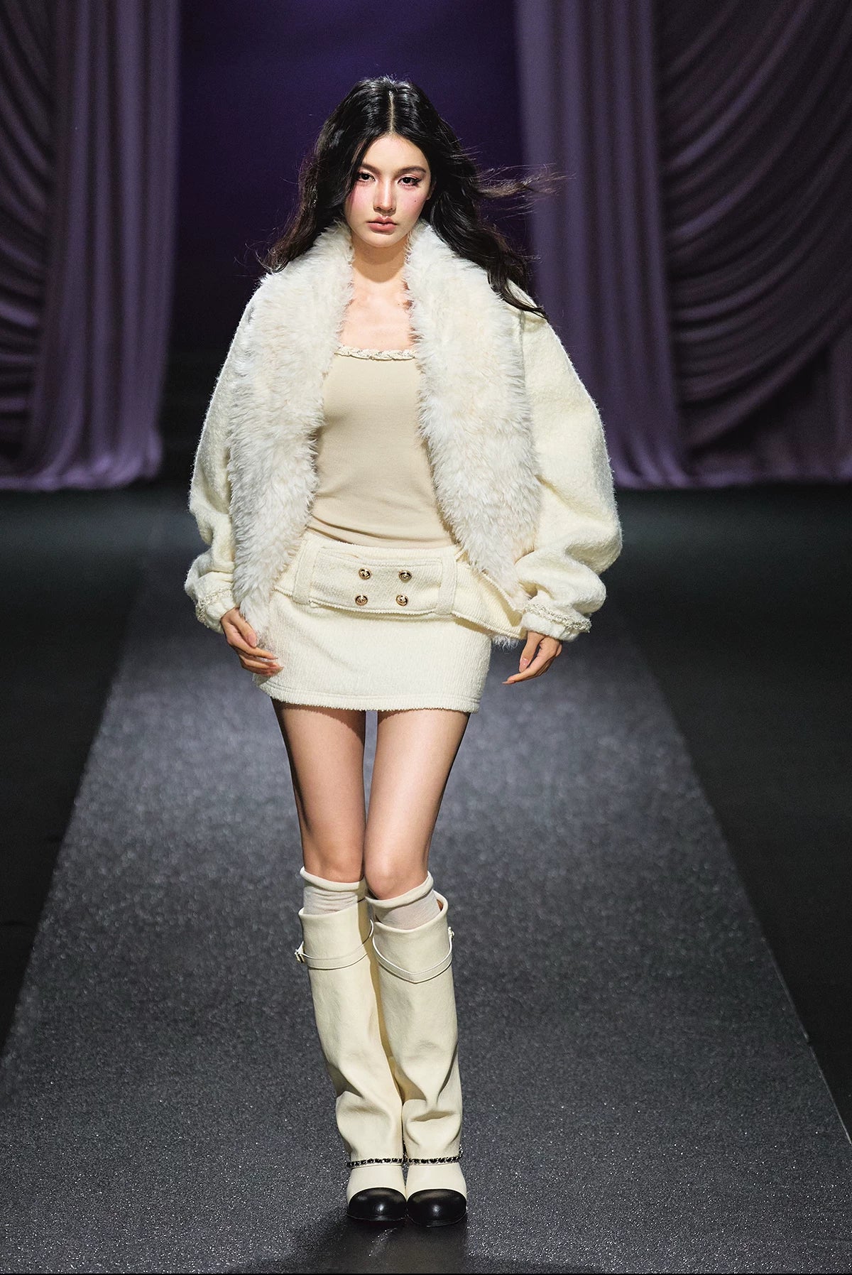"Winter Heiress" Ivory Wool-Blend Belted A-Line Mini Skirt