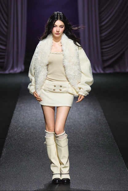 "Winter Heiress" Ivory Wool-Blend Belted A-Line Mini Skirt