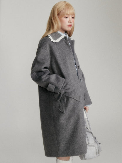 “Winter Cedar Lace Bow” Wool-Blend Loose-Shoulder Coat - Gray M6665
