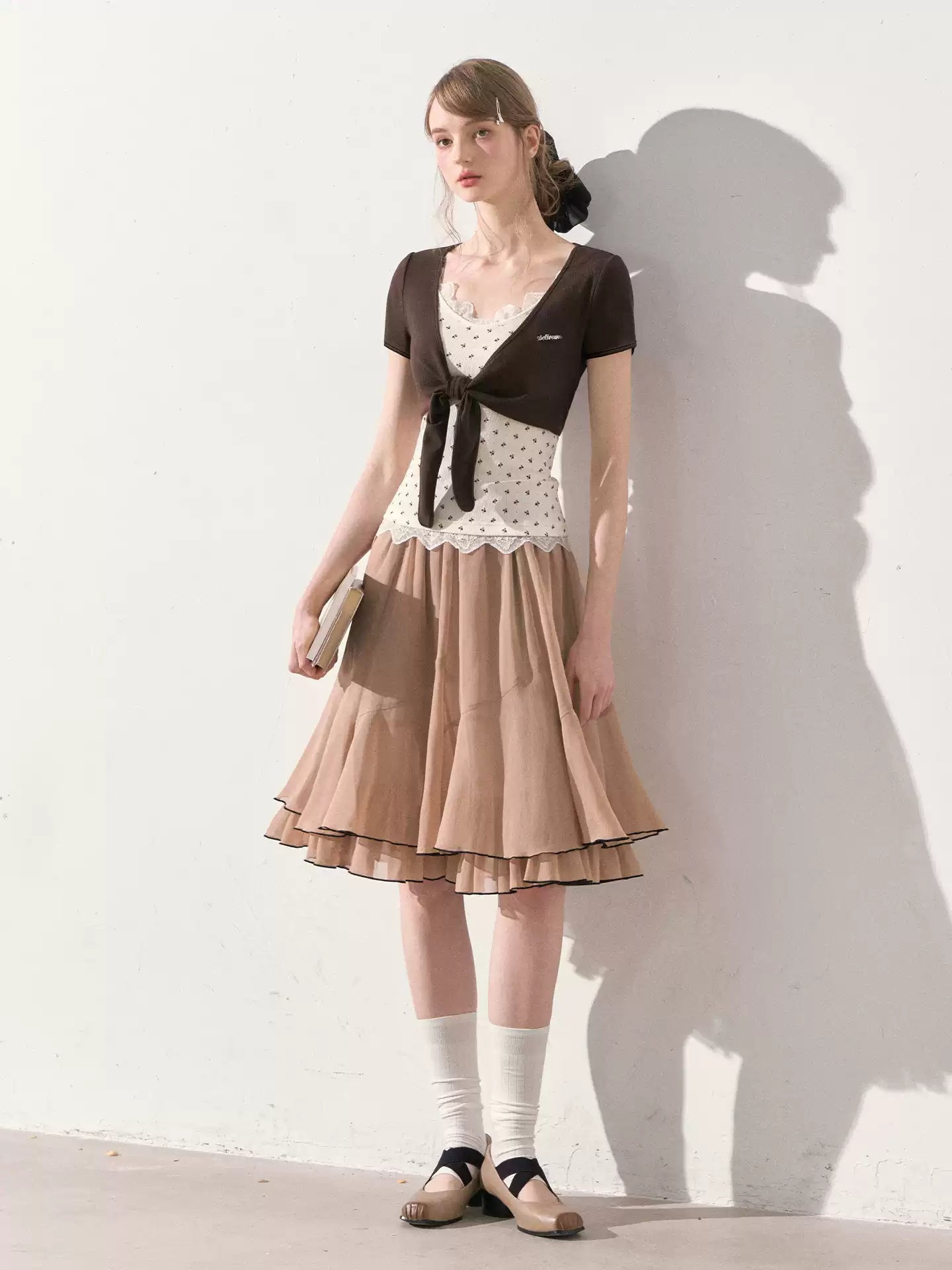 "Summer Café Encounter" Chocolate Knit Cardigan, Floral Lace Cami & Mocha Chiffon Skirt Set