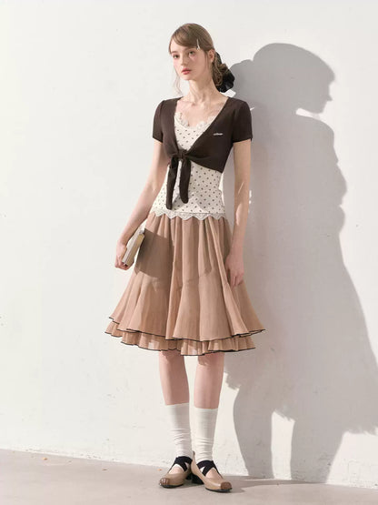 "Summer Café Encounter" Chocolate Knit Cardigan, Floral Lace Cami & Mocha Chiffon Skirt Set