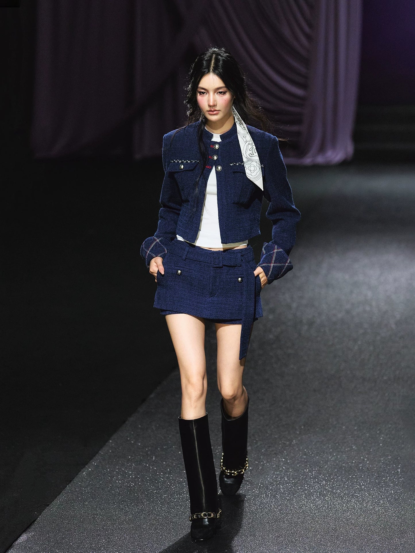 "Midnight Atelier" Navy Wool Quilted Jacket & A-Line Skort Set