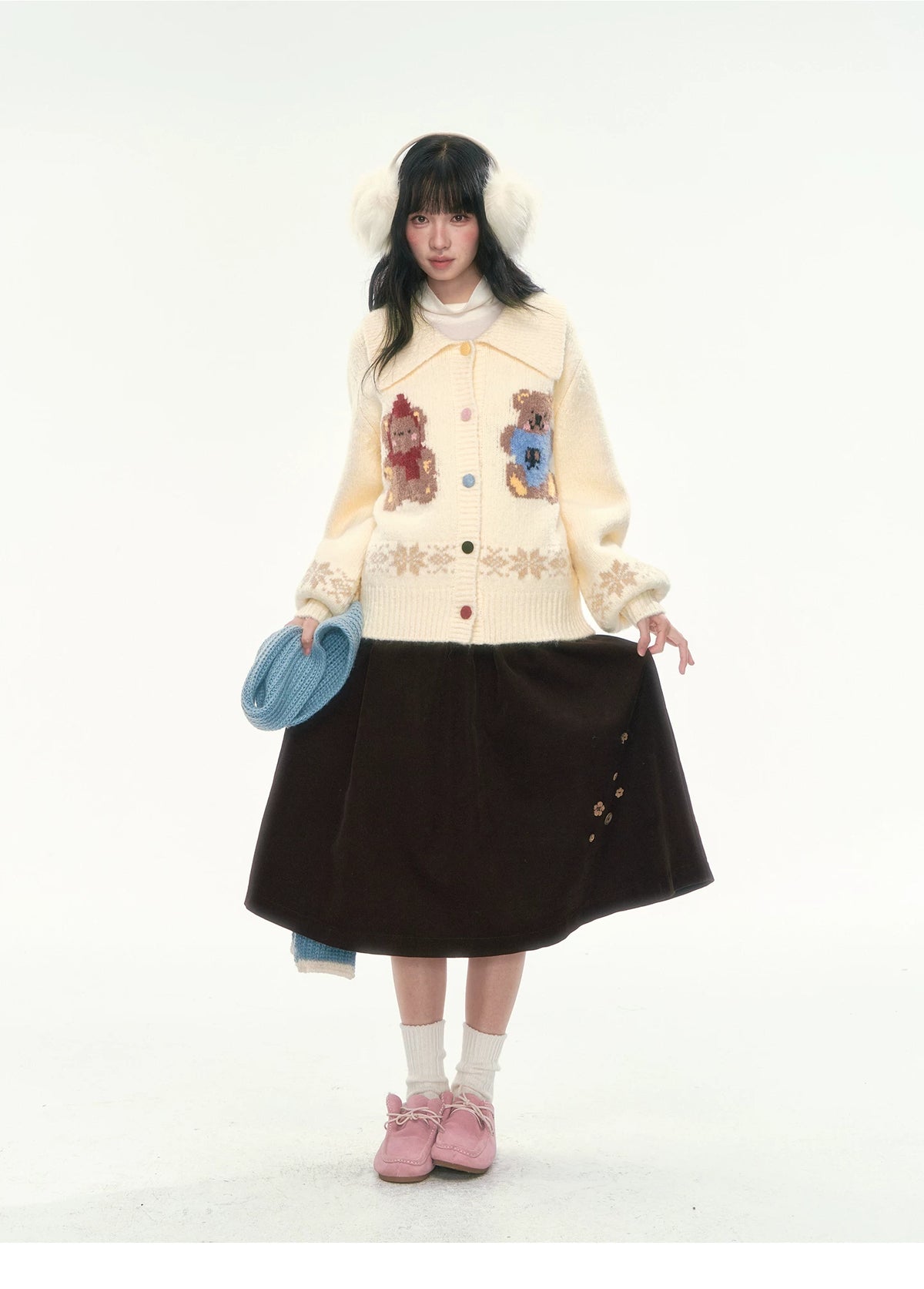 CAN - "Teddy’s Autumn Soirée" Cream White Teddy Bear Fair Isle Jacquard Cardigan