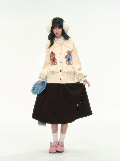 CAN - "Teddy’s Autumn Soirée" Cream White Teddy Bear Fair Isle Jacquard Cardigan