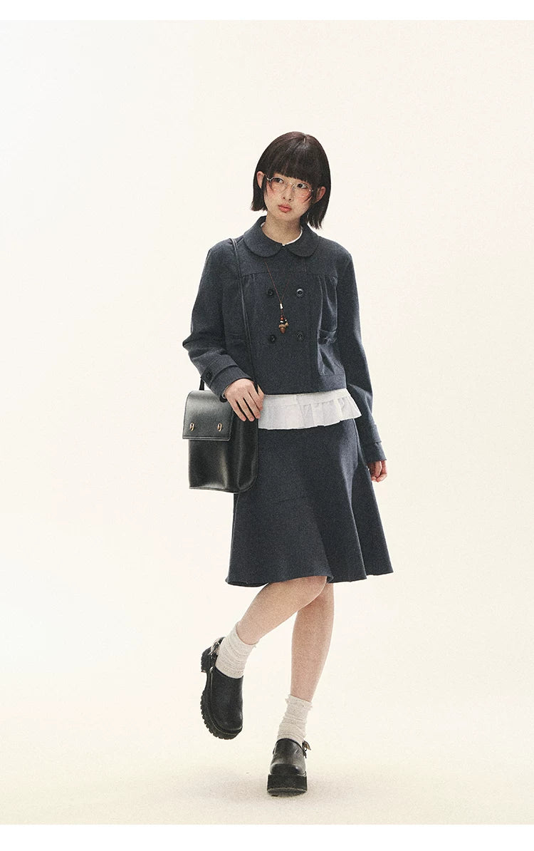 "First Day of Spring" Charcoal Gray Bow Blazer & Asymmetrical Skirt Set
