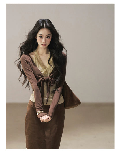 AOMALM - "Tender in This Moment" Rich Cocoa Faux Two-Piece Lace Top