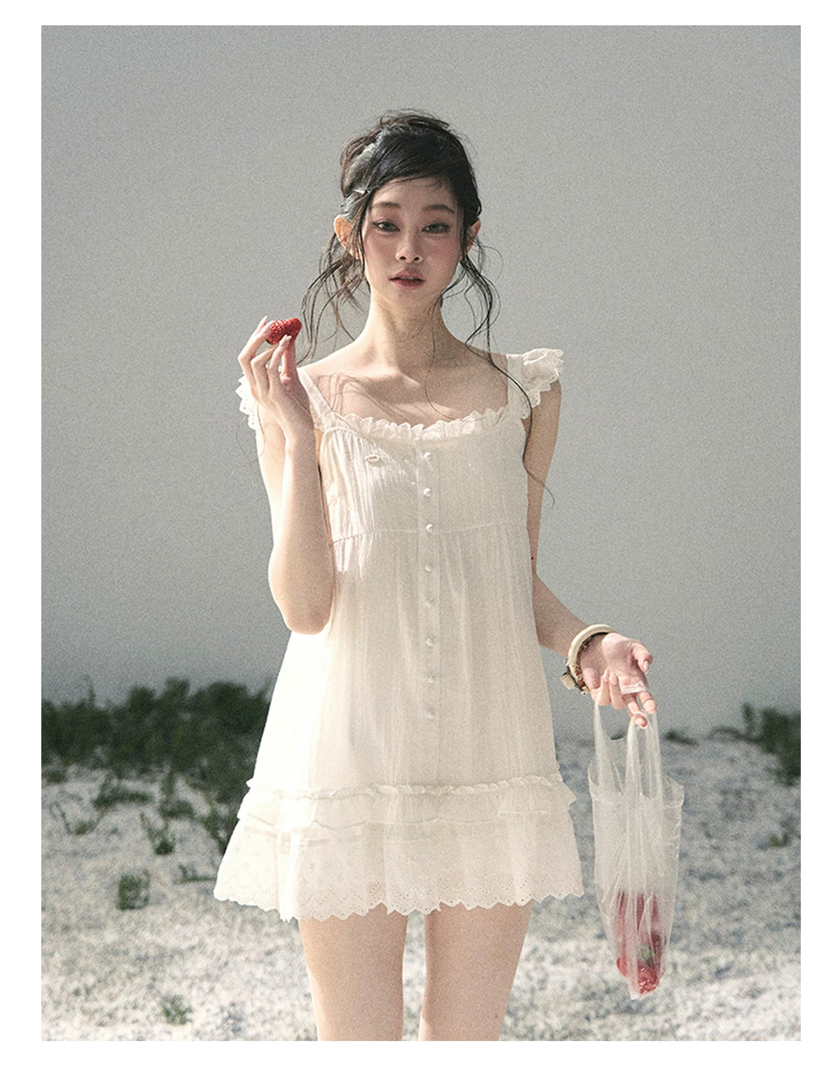 "Shimmer Along the Hem" Cloud White Lace Flutter Sleeve Babydoll Mini Dress 53413