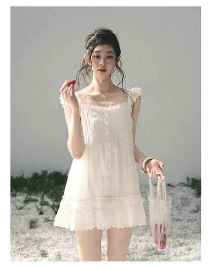 "Shimmer Along the Hem" Cloud White Lace Flutter Sleeve Babydoll Mini Dress 53413