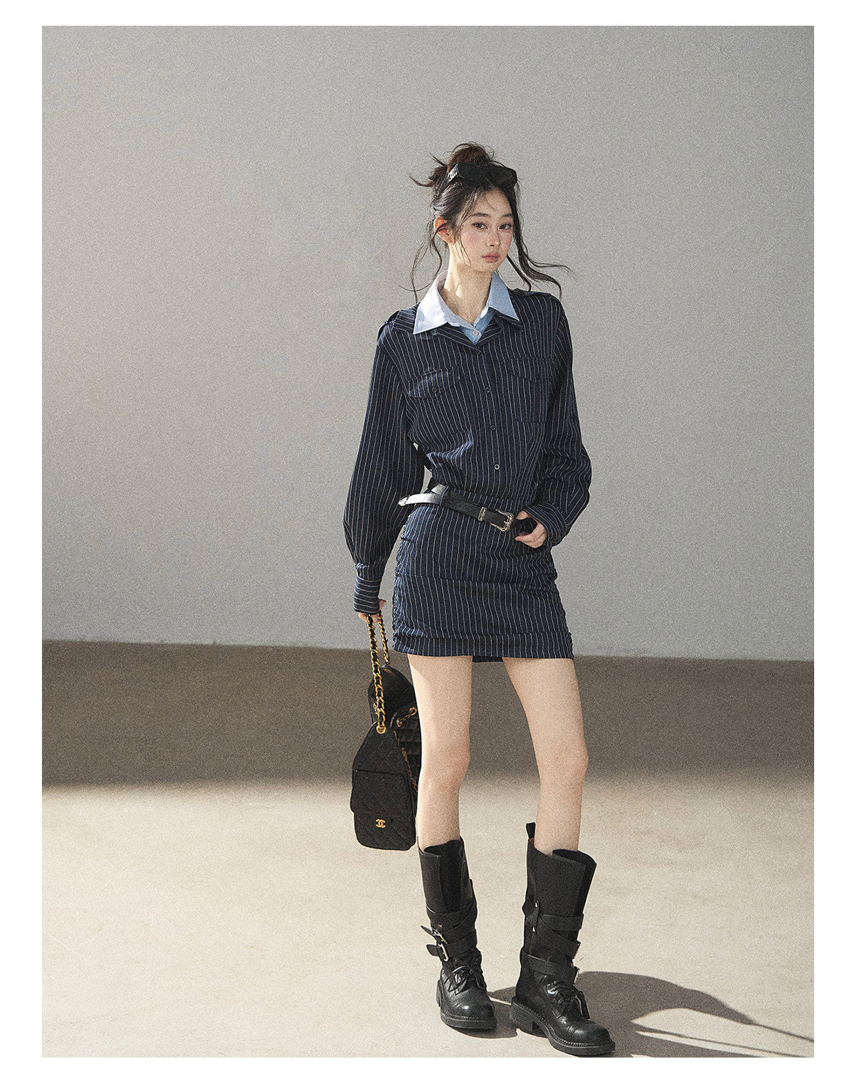 170726 "The Island and the Whale" Deep Slate Gray Layered Stripe Shirt Dress with Belt