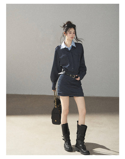 170726 "The Island and the Whale" Deep Slate Gray Layered Stripe Shirt Dress with Belt