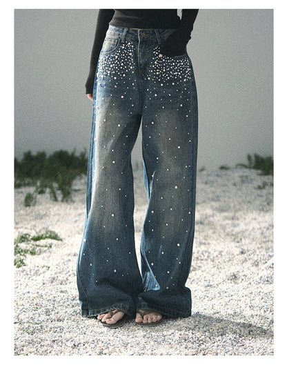 “Blue Shimmer Notes” Deep Indigo Embellished Wide-Leg Jeans