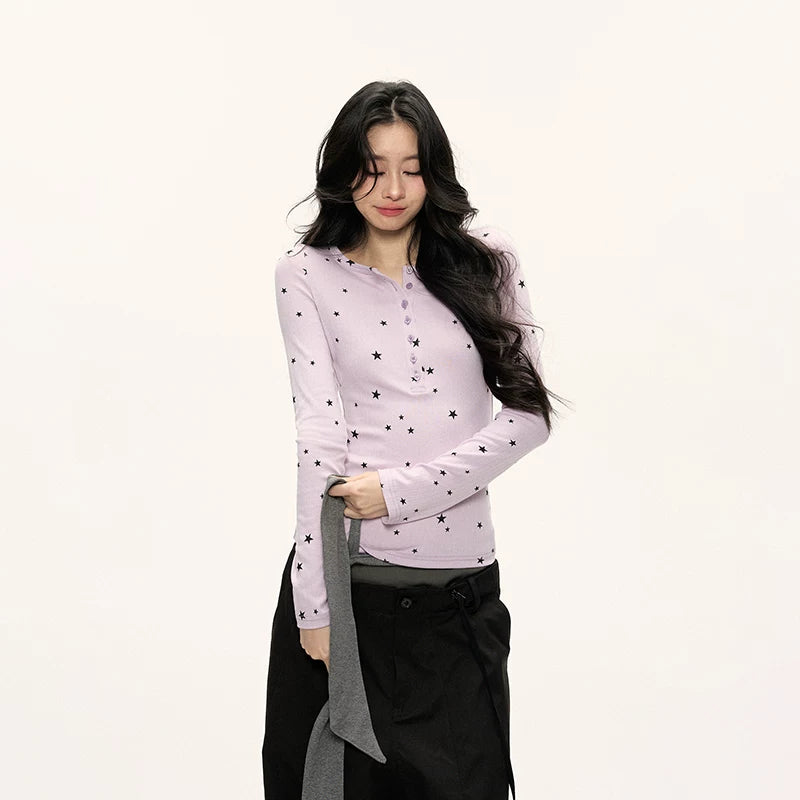 JN's DESIGN - Star Print Fitted Henley Long-Sleeve Top (White / Taro Pink-Purple)