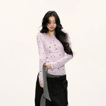 JN's DESIGN - Star Print Fitted Henley Long-Sleeve Top (White / Taro Pink-Purple)