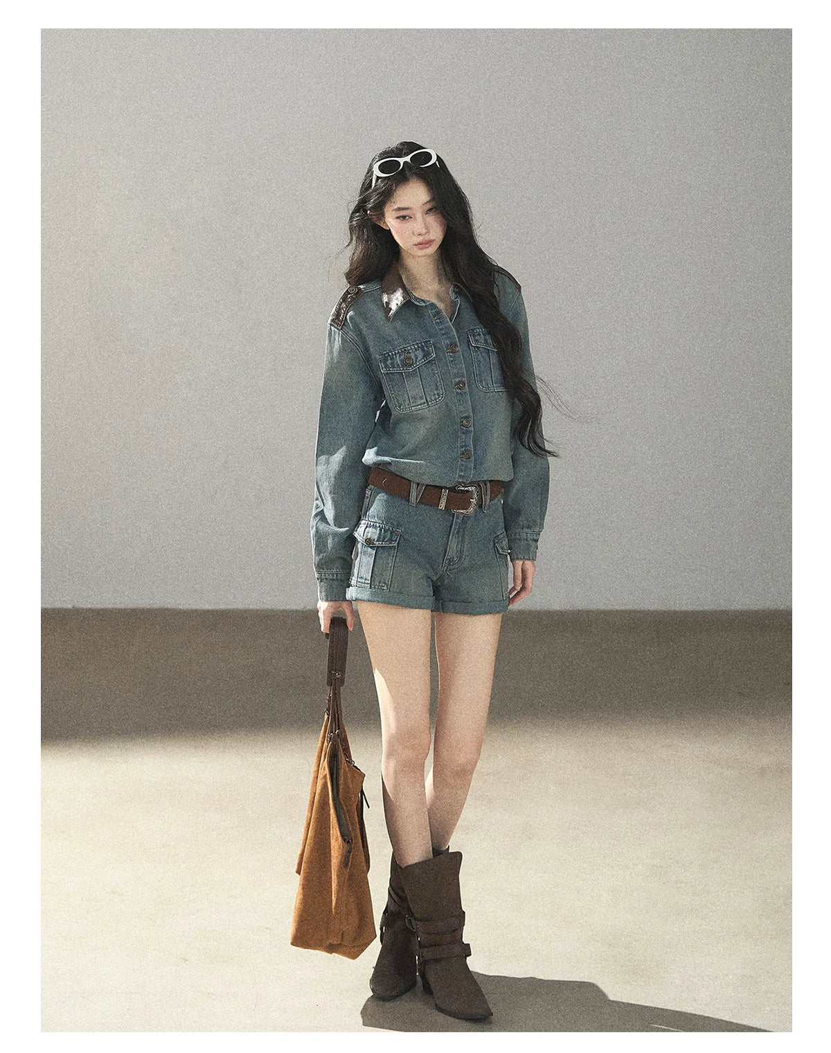 AOMALM - "Borrowed Sunshine" Vintage Blue Denim Commuter Set (Top + Shorts with Belt)