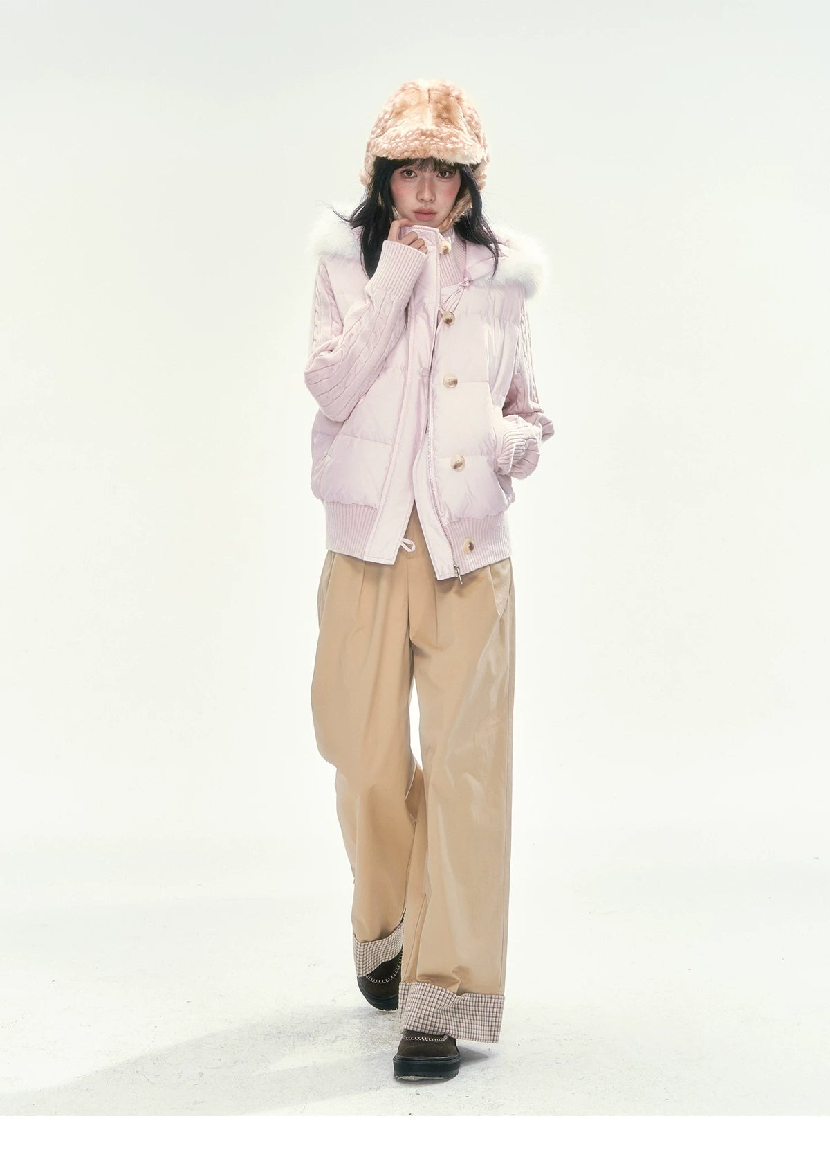 CAN - "The Macaron Affair" Cable-Knit Collar Puffer Jacket (Water Blue / Light Pink)