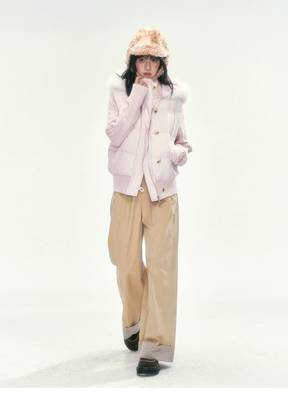 CAN - "The Macaron Affair" Cable-Knit Collar Puffer Jacket (Water Blue / Light Pink)