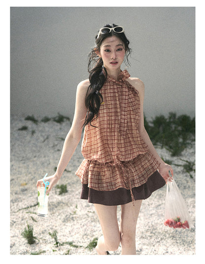 “Maple Whisper” Rust Red Halter Plaid Slim Tee