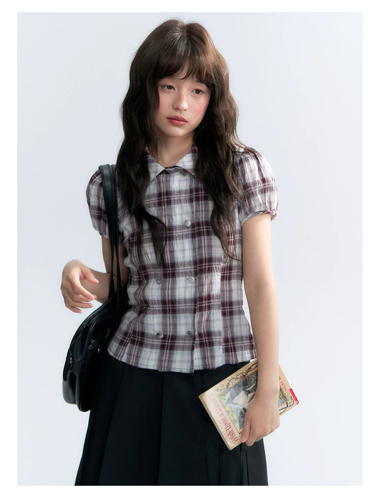 "Violet Mist Bow" Purple Brown Plaid Blouse