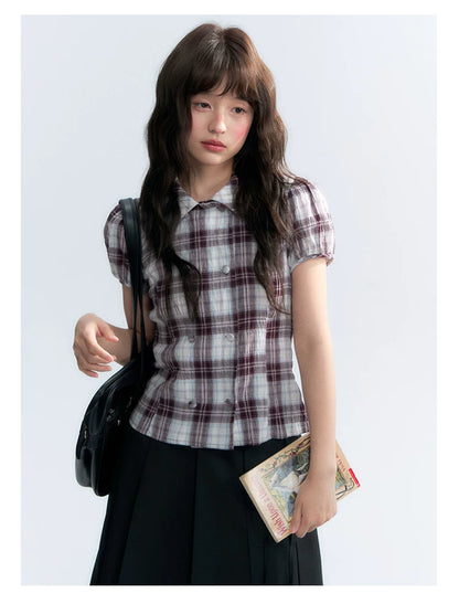 "Violet Mist Bow" Purple Brown Plaid Blouse
