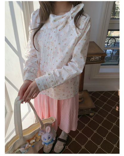 “Pudding Bear Letter” White Teddy Print Lace Blouse