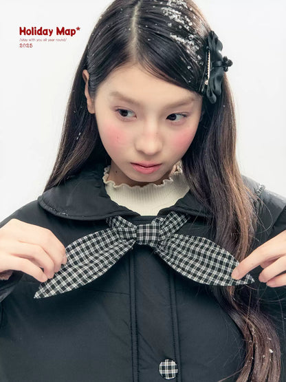 "Starry Night Little Witch" Black Long Down Coat with Detachable Bunny Bow Collar