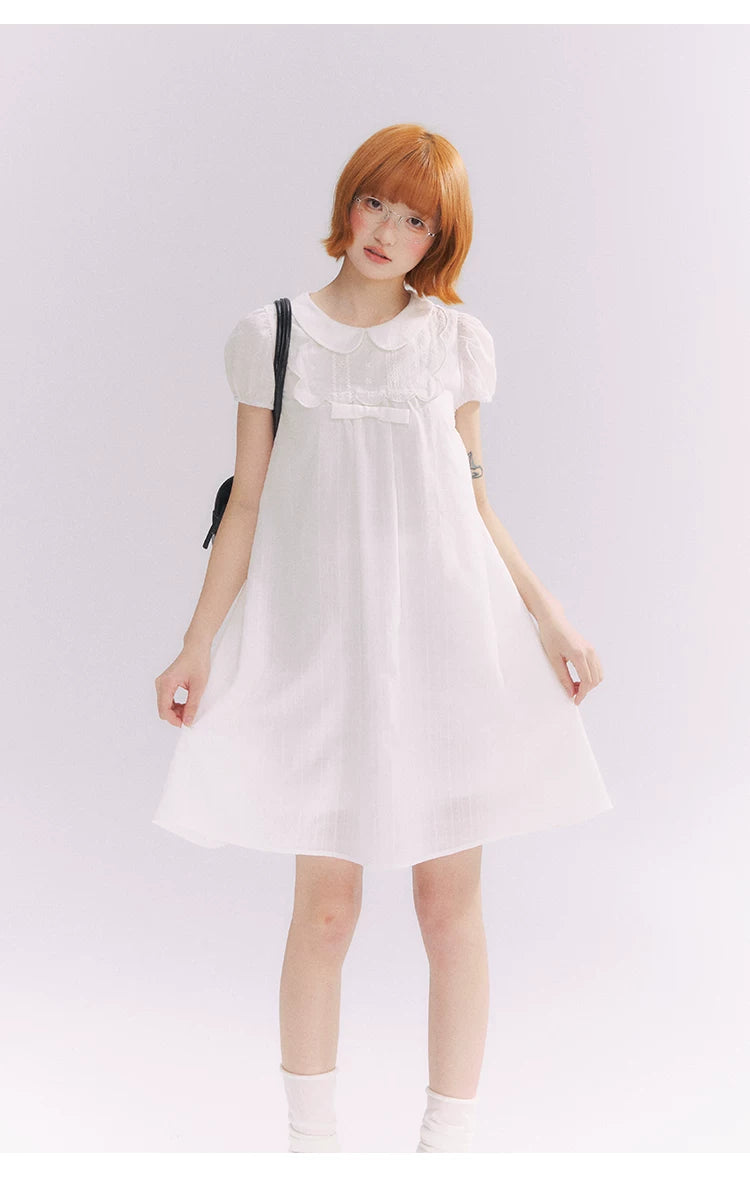 “Lace Sleep Song” White Embroidered Puff Sleeve Babydoll Dress