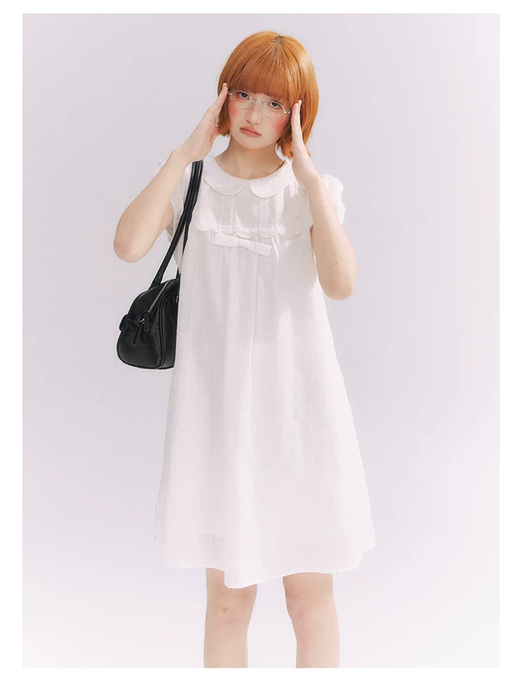 “Lace Sleep Song” White Embroidered Puff Sleeve Babydoll Dress