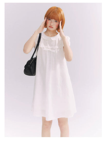 “Lace Sleep Song” White Embroidered Puff Sleeve Babydoll Dress