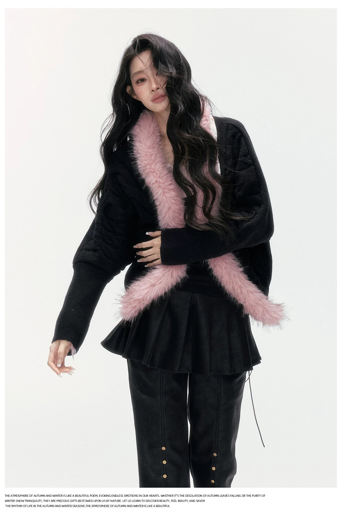 24olvides - Black Pink Cable Knit Cardigan with Detachable Faux Fur Collar