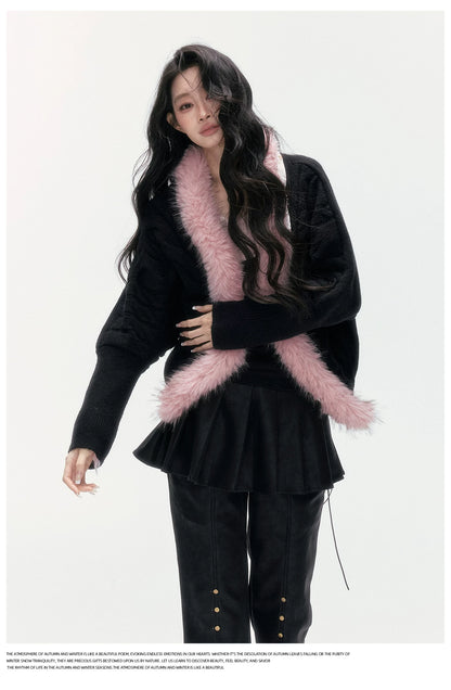 24olvides - Black Pink Cable Knit Cardigan with Detachable Faux Fur Collar