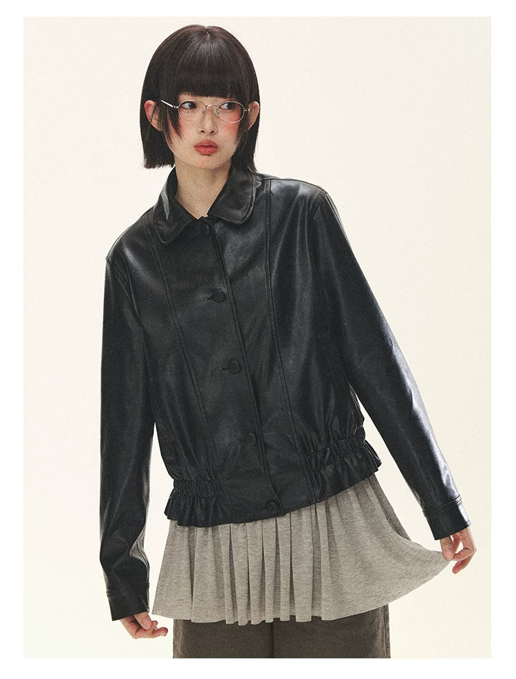 "Venus Gallery" Black Ruffle Collar Cropped Faux Leather Jacket