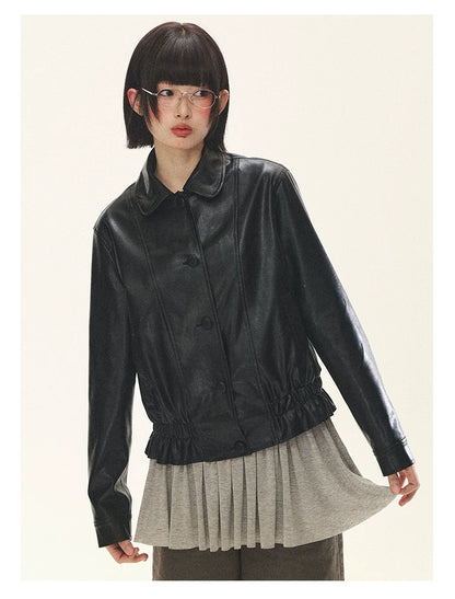 "Venus Gallery" Black Ruffle Collar Cropped Faux Leather Jacket