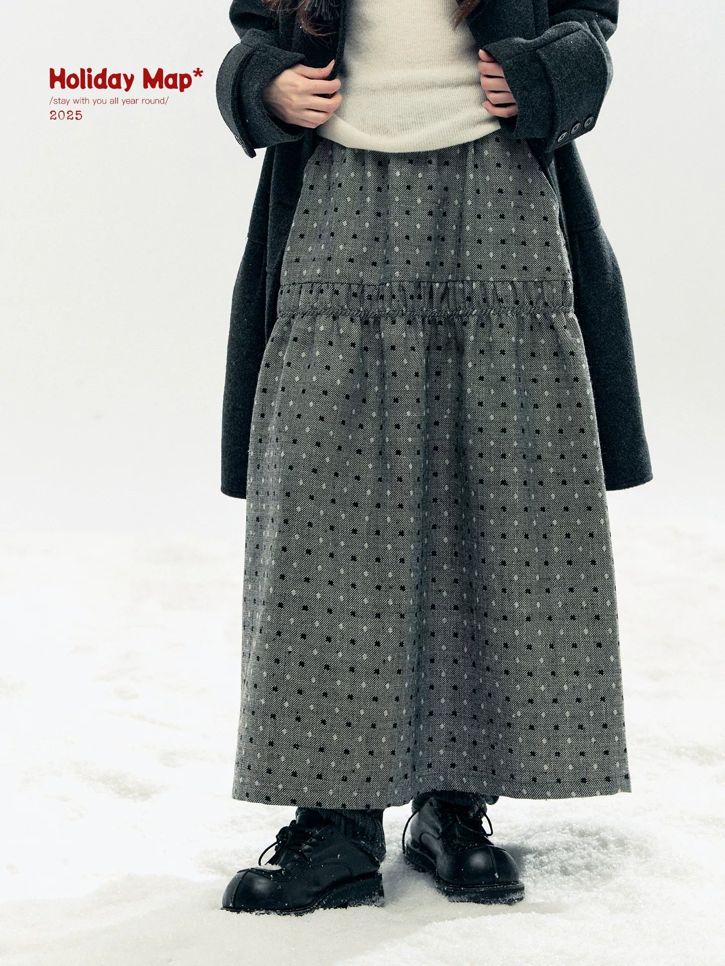 "Snowfall Polka" Charcoal Polka Dot Wool-Blend Midi Skirt