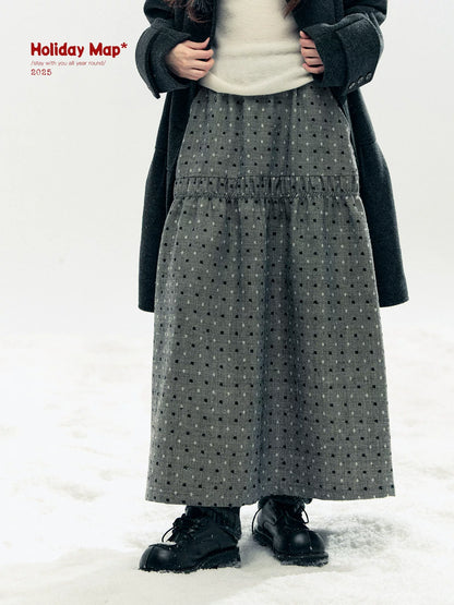 "Snowfall Polka" Charcoal Polka Dot Wool-Blend Midi Skirt