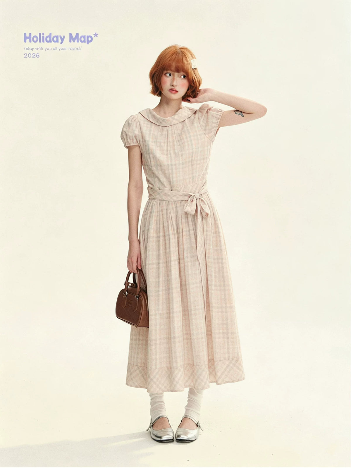 "Showa Girl" Vintage Plaid Floral Print Peter Pan Collar Bow Waist-Defined A-Line Dress
