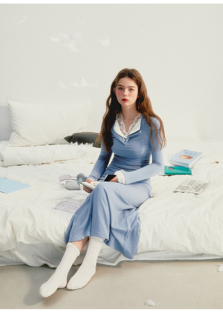 Frog Blue Stitching Lace Dress