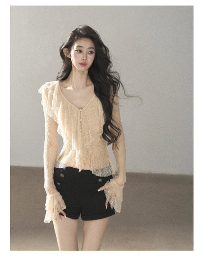 AOMALM - Black Napoleon-Style Jacket & Shorts Set with Milk Tea Top
