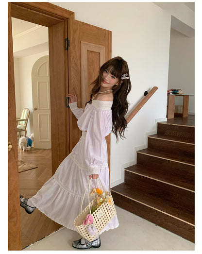 “Misty Blossom Reverie” Light Purple Off-Shoulder Top & Lace Trim Skirt