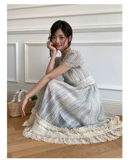 “Forest Dream Weave” Blue Lace Embroidered Maxi Dress