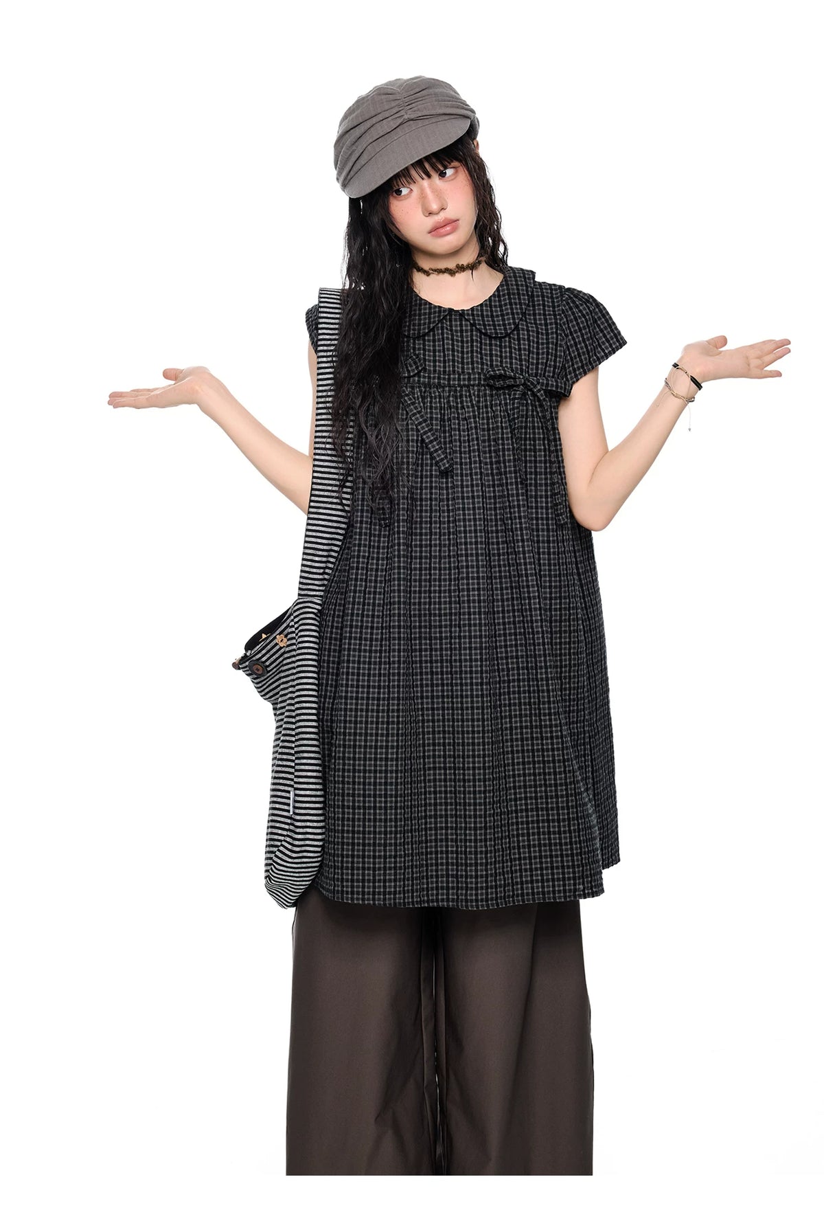 EZEK | Peter Pan Collar Gingham Shirt with Bubble Sleeves