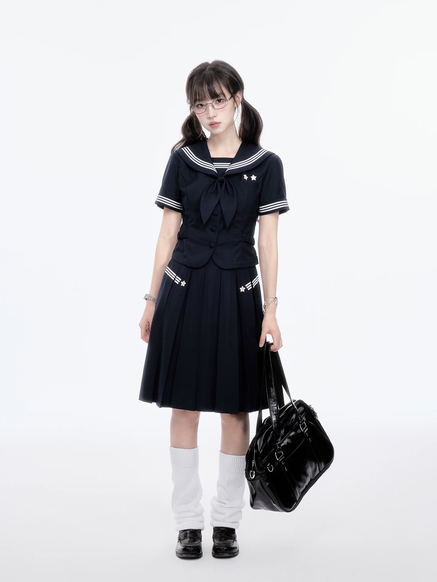 "Evening Star" Navy Sailor Uniform Collection (Sailor Blouse with Scarf / Pleated Midi Skirt)