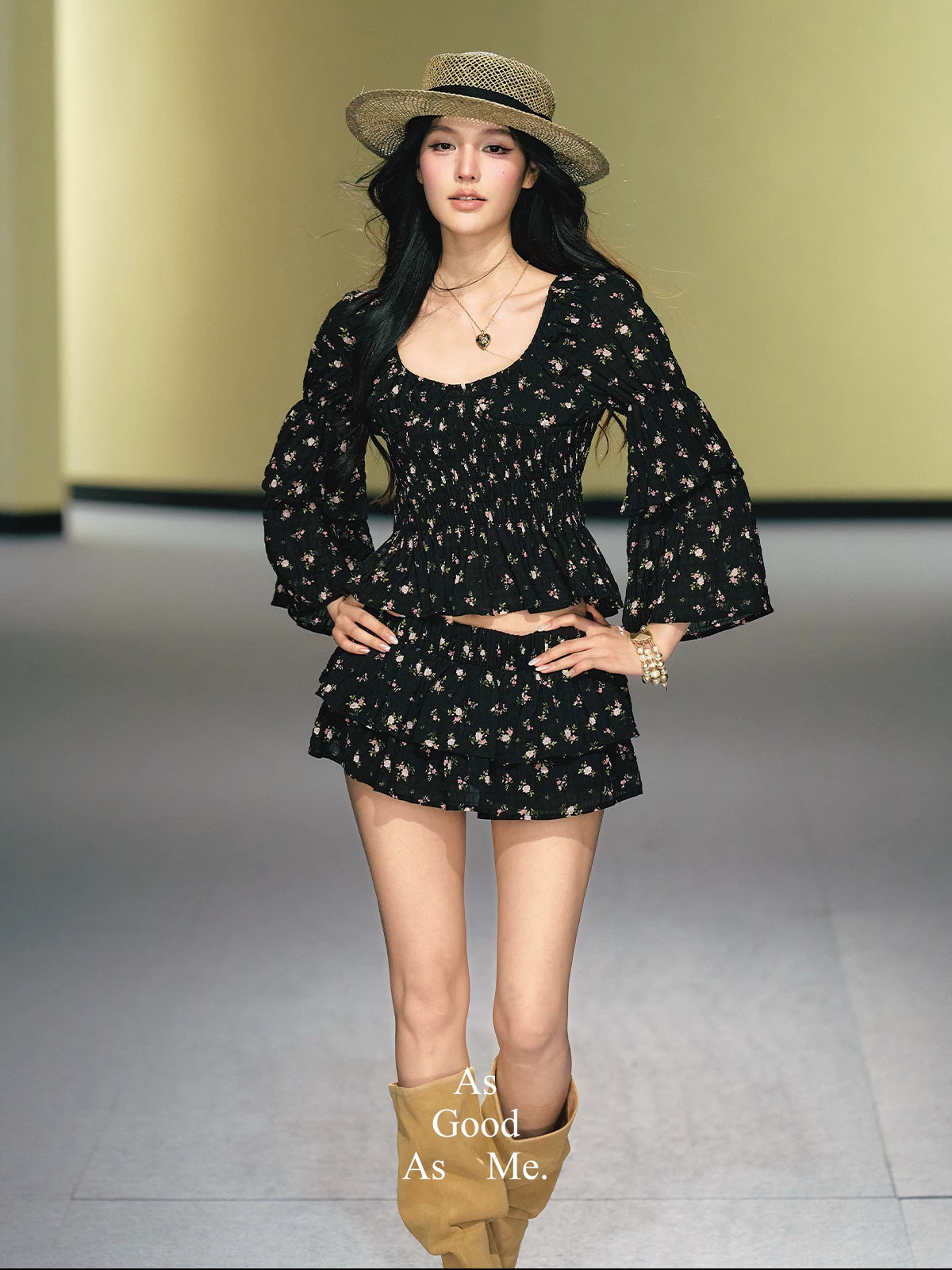 "Midnight Tea Garden" Black Floral Ruffle Blouse & Tiered Mini Skirt Set