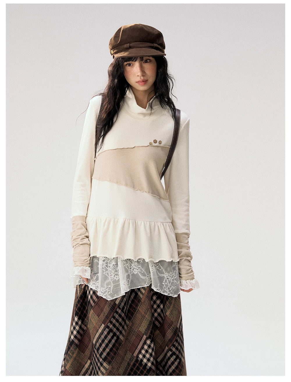 [CAN] "Oatmeal Harmony" Ivory Taupe Ruffle Lace Layered Knit Top