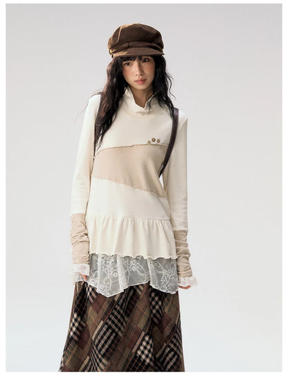 [CAN] "Oatmeal Harmony" Ivory Taupe Ruffle Lace Layered Knit Top