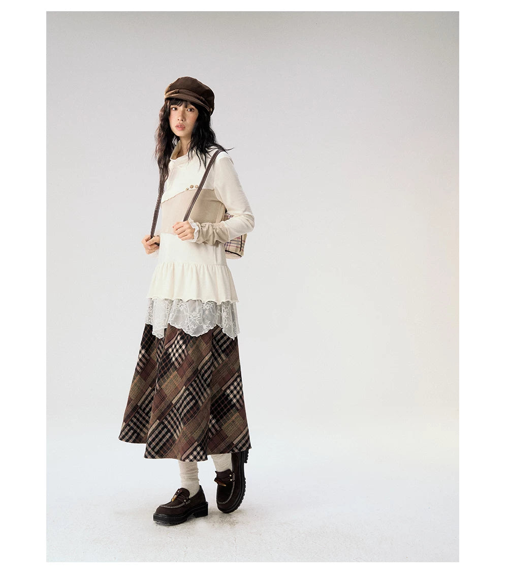 [CAN] "Oatmeal Harmony" Ivory Taupe Ruffle Lace Layered Knit Top