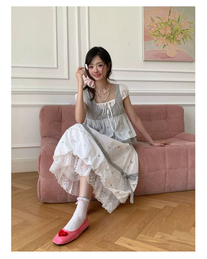 “Misty Isle White Tea” Grey White Polka Dot Skirt Set