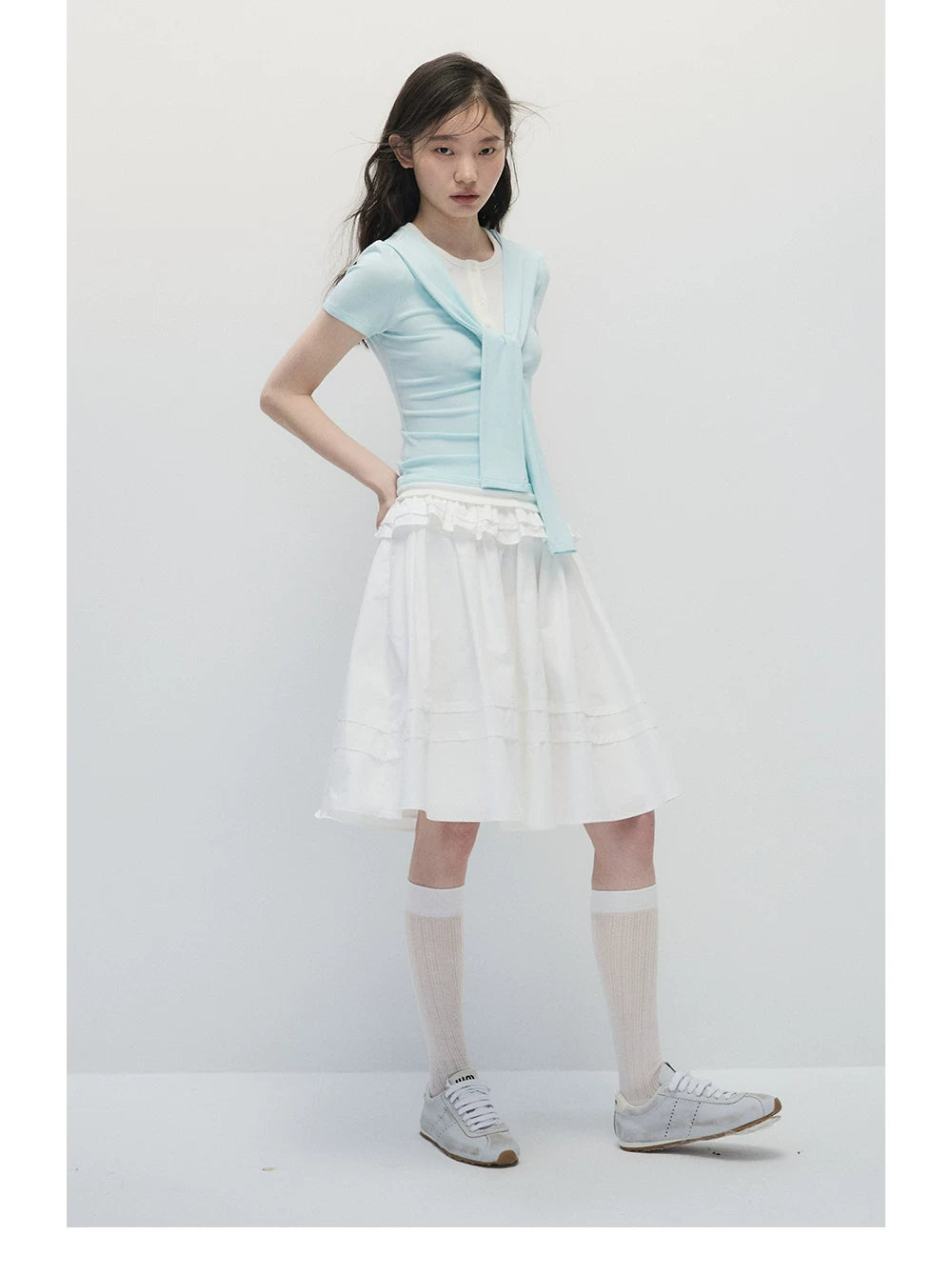 Mint Blue Faux Two-Piece Top & White A-Line Midi Skirt Set
