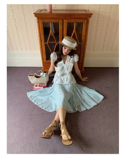 “Blue Berry Stardust” Blue Floral Polka Dot Skirt