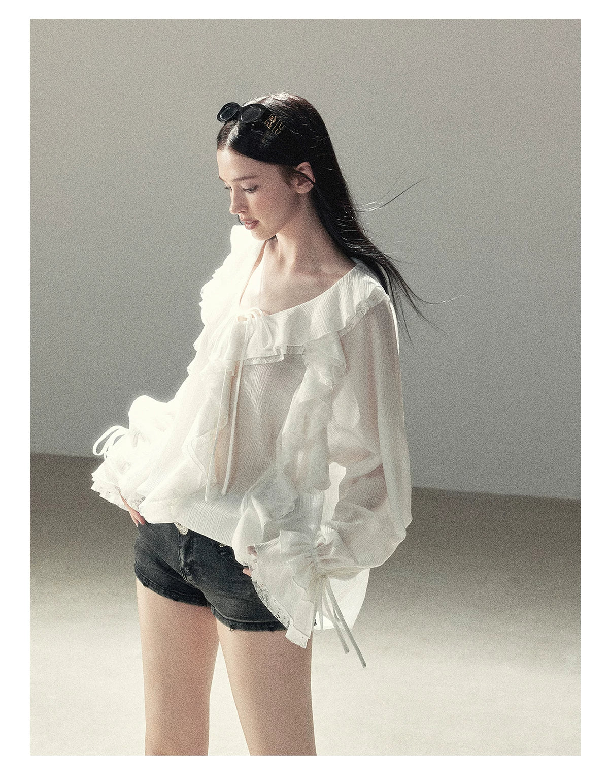 AOMALM - "A Featherlight Touch" French Camellia White Lace Chiffon Top with Belt (Camellia / Oatmeal / Cinnamon Pink)
