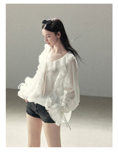 AOMALM - "A Featherlight Touch" French Camellia White Lace Chiffon Top with Belt (Camellia / Oatmeal / Cinnamon Pink)